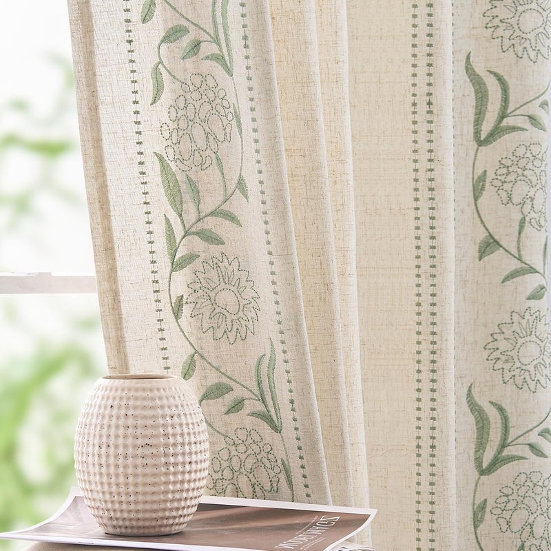 jinchan Winslow Linen Curtains for Bedroom 84 Inches Length Embroidered Bordered Floral Curtains for Living Room Farmhouse Decor Light Filtering Window Treatments Sage on Beige Drapes 2 Panels - Image 1